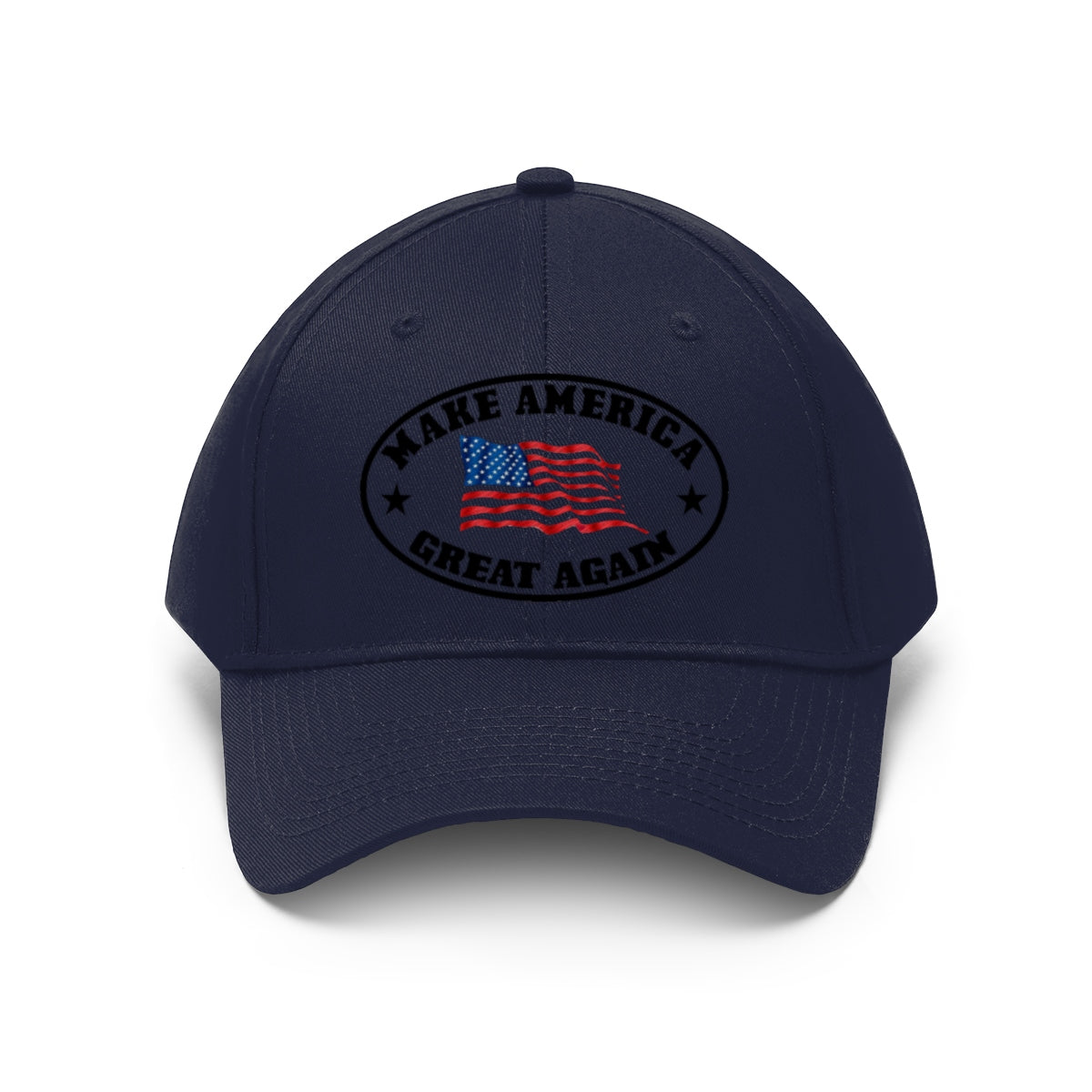 Make America Great Again US Flag Twill Cap in navy with a bold design featuring the American flag.