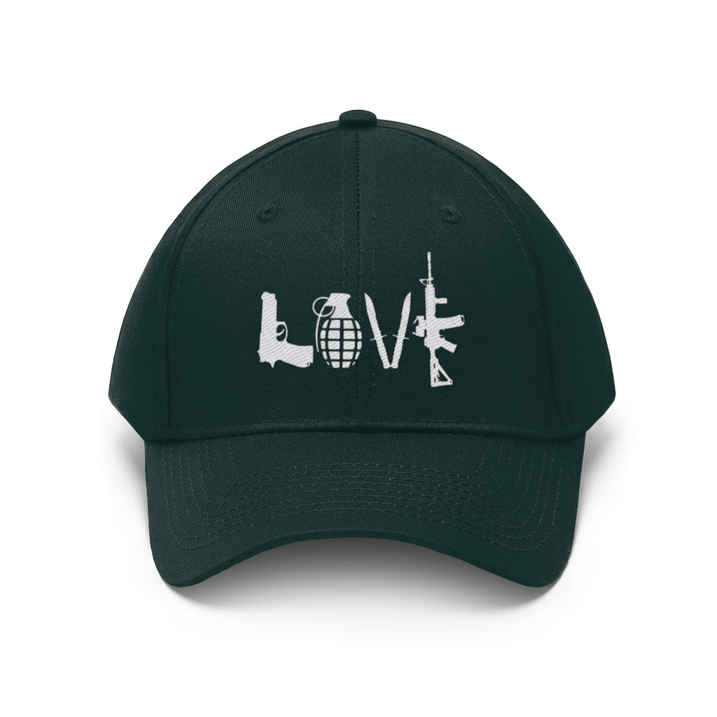 Love Combat Inspired Street Style Twill Cap featuring a bold design with guns and a grenade, symbolizing defiance.