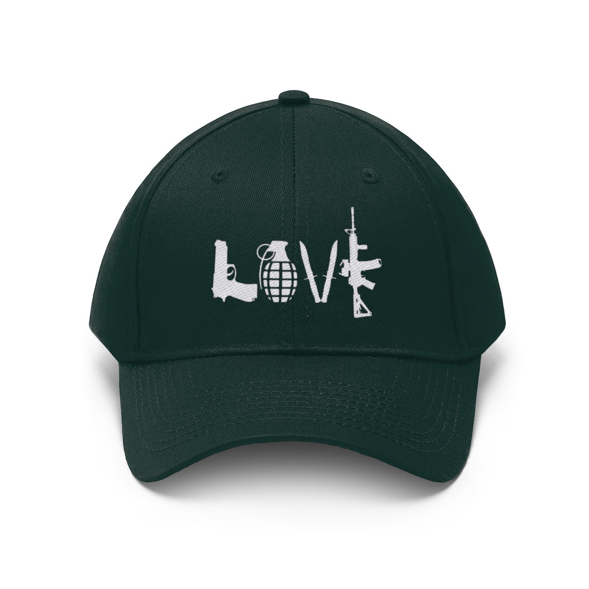 Love Combat Inspired Street Style Twill Cap featuring a bold design with guns and a grenade, symbolizing defiance.