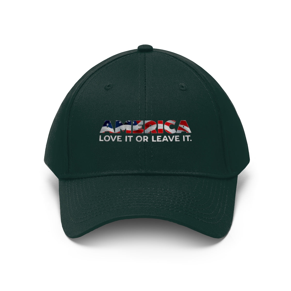 America Love It Or Leave It Twill Baseball Cap featuring a bold patriotic design with text on a dark cap.