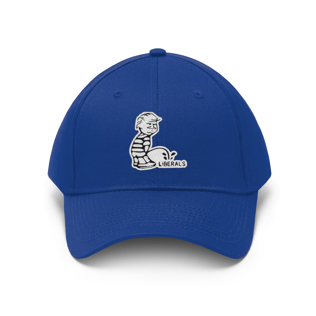 Trump USA Pride Embroidered Twill Cap featuring a playful design on a blue baseball cap.
