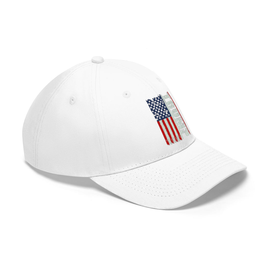Trump On Verticle Distressed American Flag Twill Cap featuring a bold American flag design on a white background.