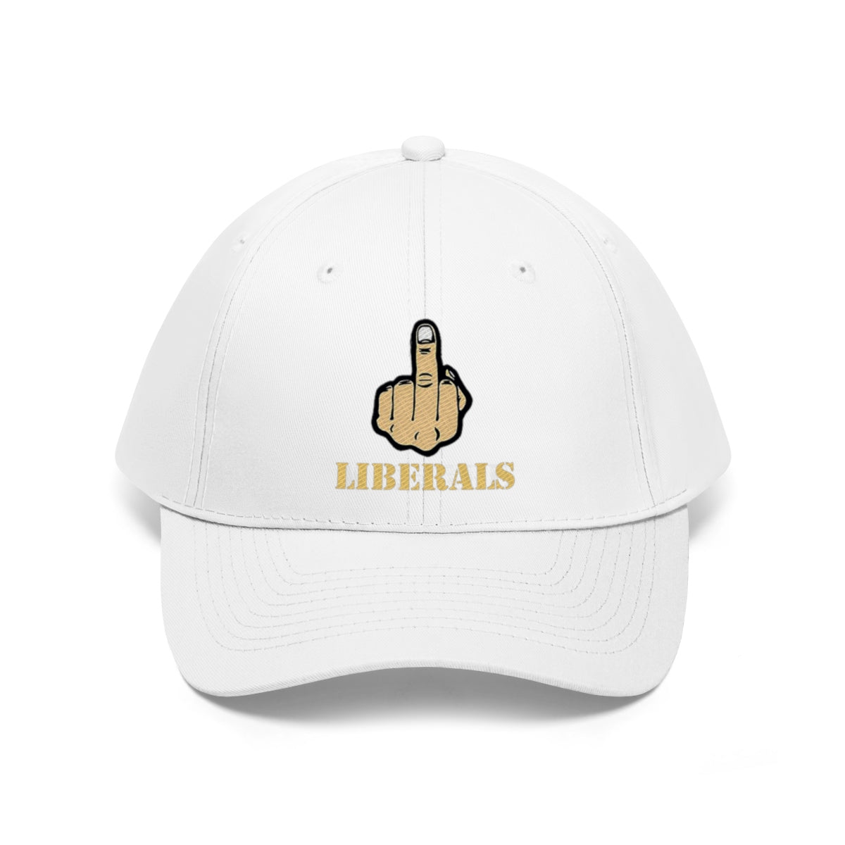 Vintage Fuck Liberals Cotton Twill Cap Design featuring a bold middle finger and text LIBERALS.