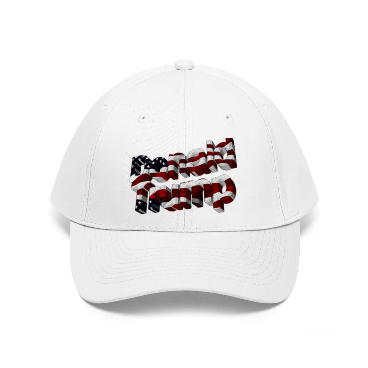 Donald Trump With American Flag Colors Twill Cap featuring a white base and patriotic American flag design on the front.