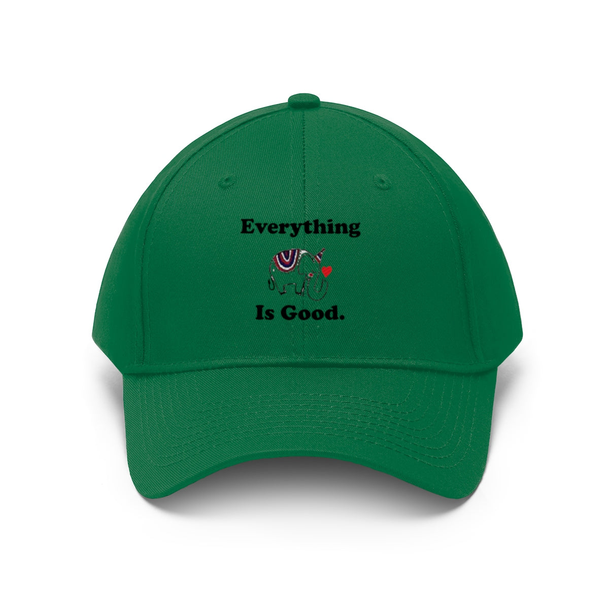 Everything Is Good With GOP Elephant Symbol Twill Cap in vibrant green featuring bold text and elephant graphic.