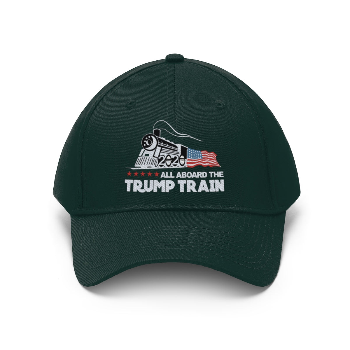 All Aboard The Trump Train 2020 Twill Cap featuring a train graphic and patriotic colors.
