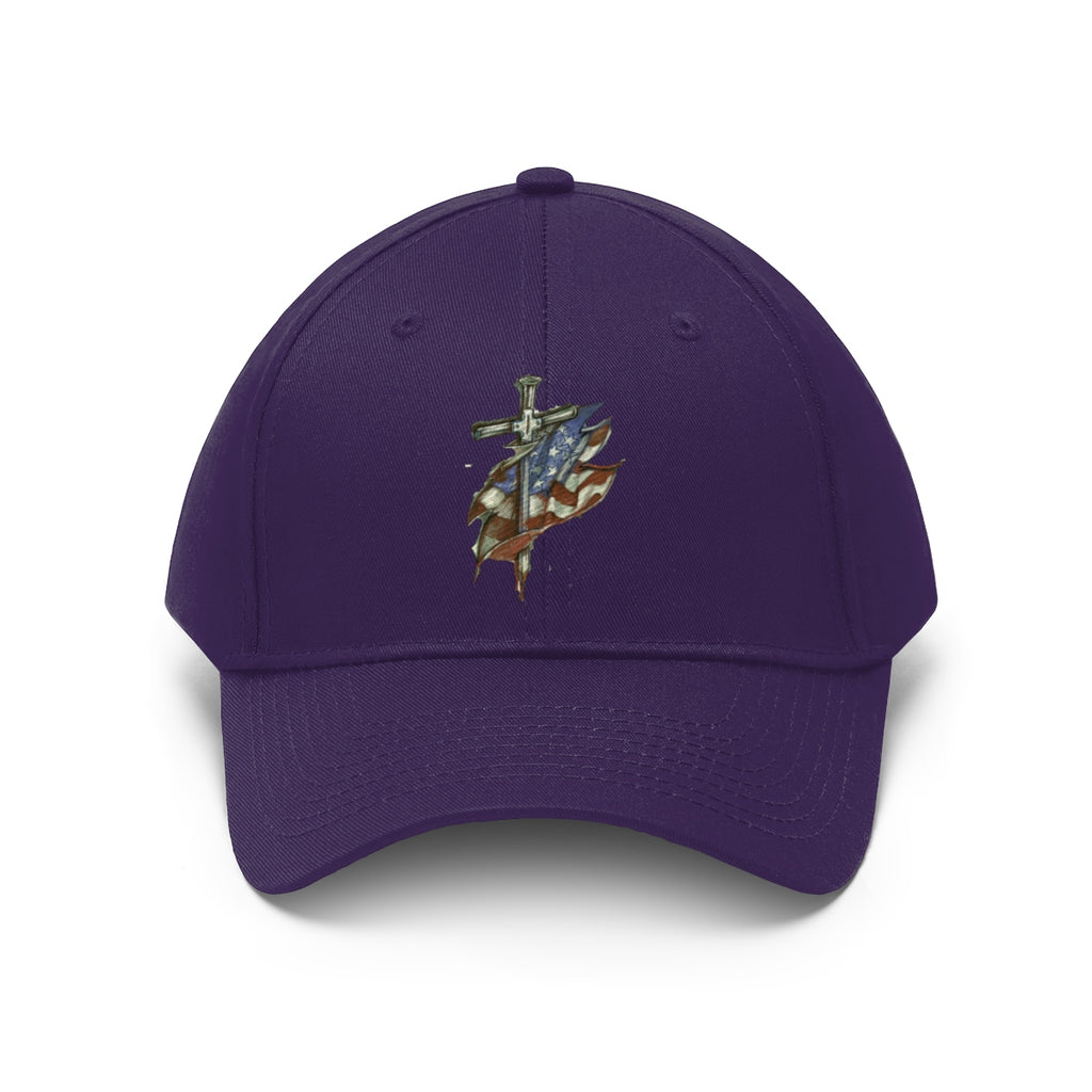 Dagger and Sword Embroidered Twill Cap featuring intricate embroidery on a purple baseball hat.