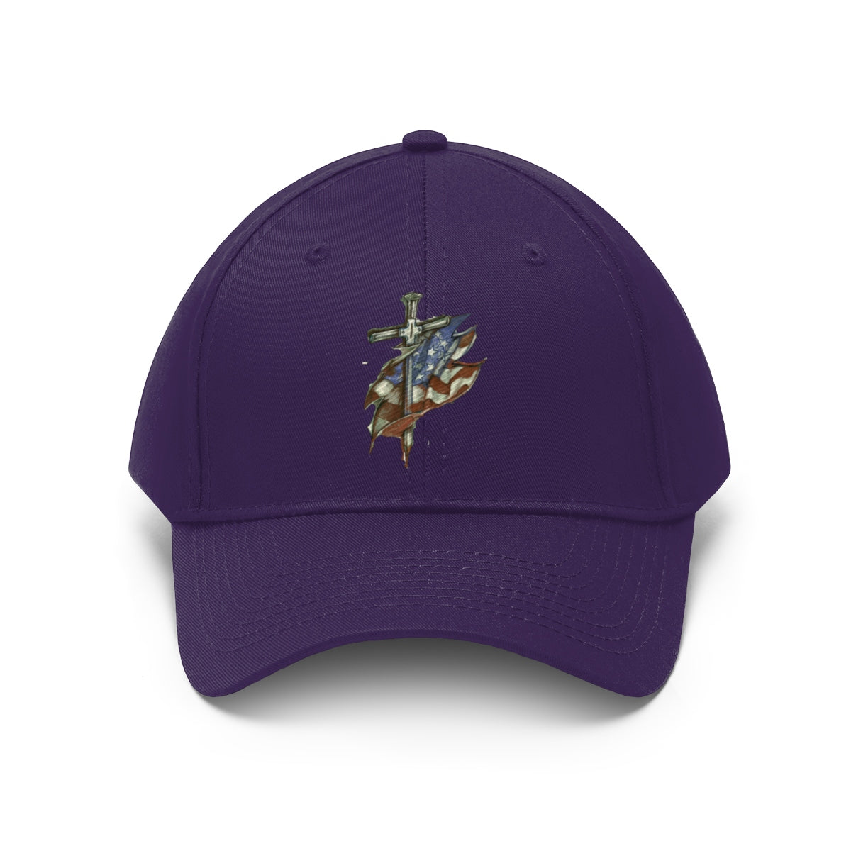 Dagger and Sword Embroidered Twill Cap featuring intricate embroidery on a purple baseball hat.