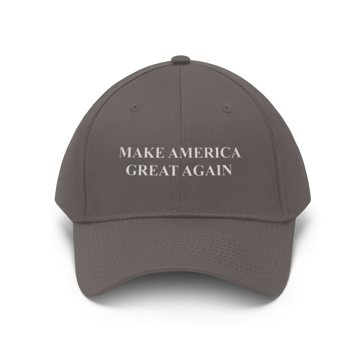 Make America Great Again Twill Cap in dark gray with bold lettering.