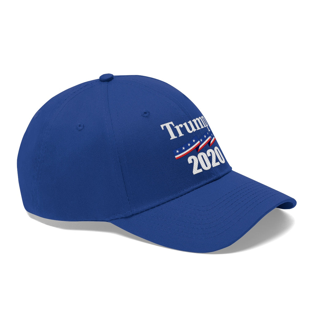 Patriotic 2020 Twill Cap for Trump in blue with white lettering and red accents.