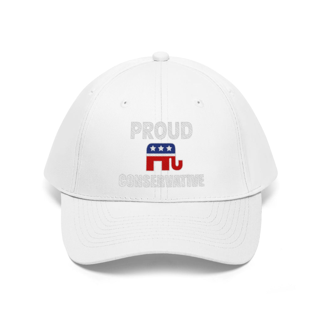 Classic Proud Conservative Twill Baseball Cap featuring bold text and elephant logo in red, white, and blue.
