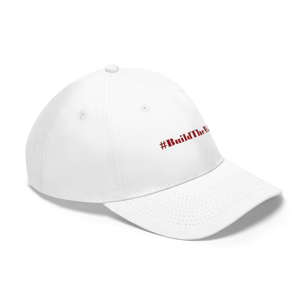 Build The Wall Embroidered Cotton Twill Cap in white with #BuildTheWall slogan printed on the front.