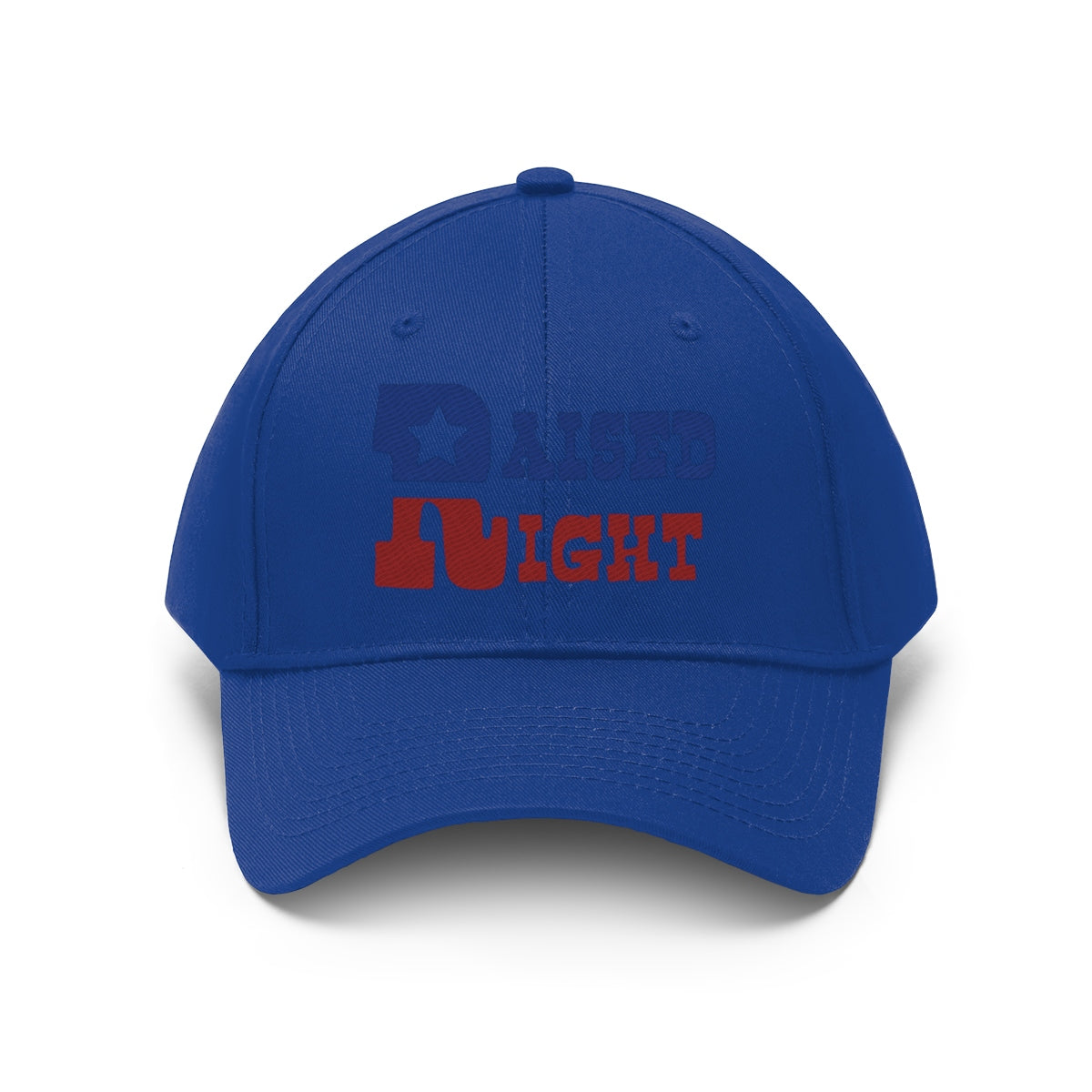 Raised Right Twill Cap Bold Values Casual Wear Cap in blue with bold lettering design.