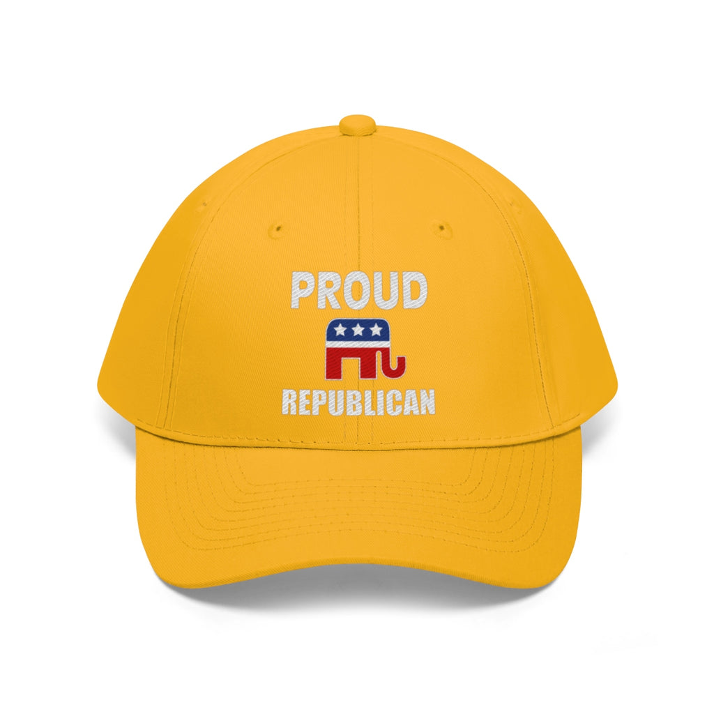 Classic Proud Republican Twill Baseball Cap featuring bold text and an elephant emblem on a yellow background.
