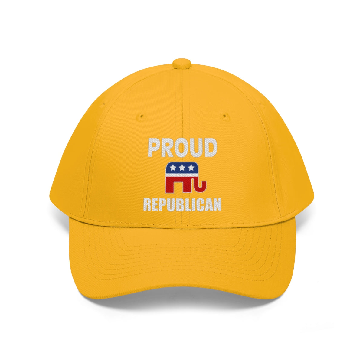 Classic Proud Republican Twill Baseball Cap featuring bold text and an elephant emblem on a yellow background.