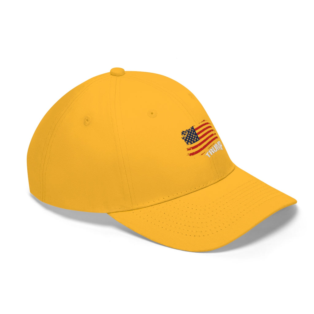 Trump American Flag Patriotic Twill Cap in yellow with embroidered flag design