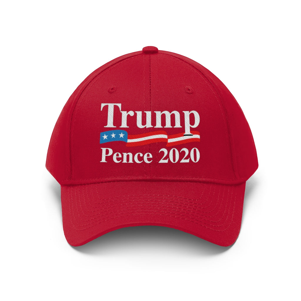 Trump Pence 2020 American Flag Twill Cap red baseball hat showcasing patriotic design and campaign message.