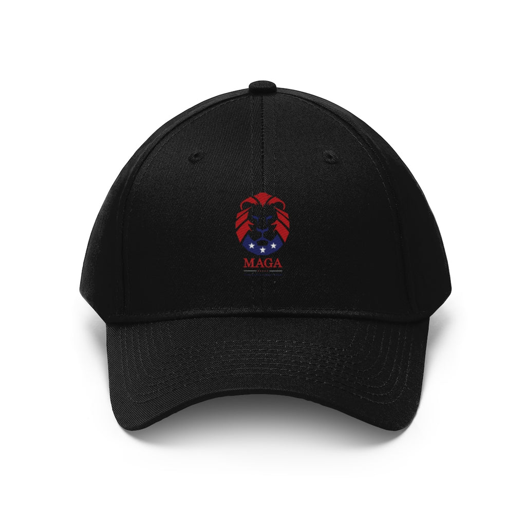 MAGA Lion Embroidered Cotton Twill Cap Design featuring a lion emblem and patriotic colors.