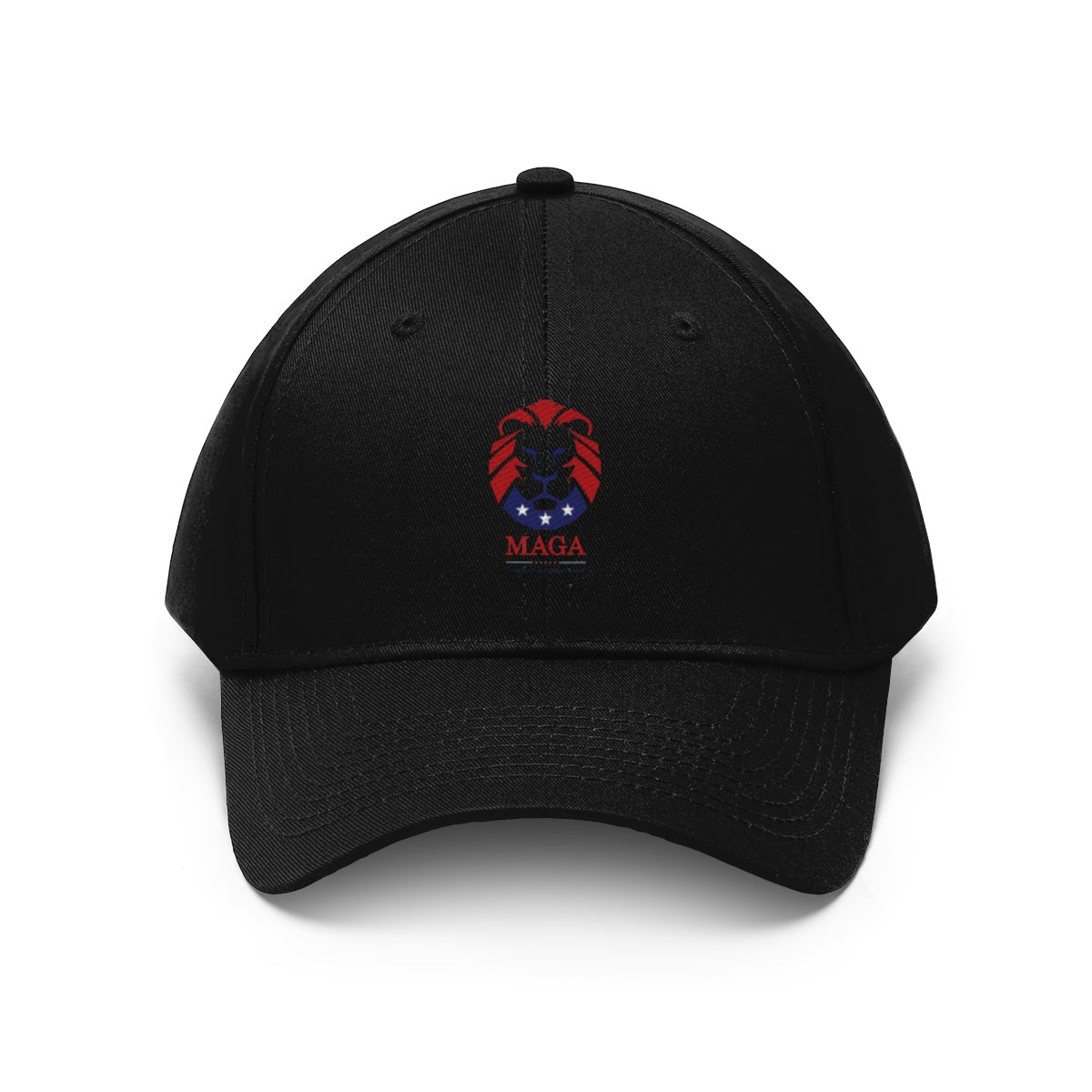 MAGA Lion Embroidered Cotton Twill Cap Design featuring a lion emblem and patriotic colors.