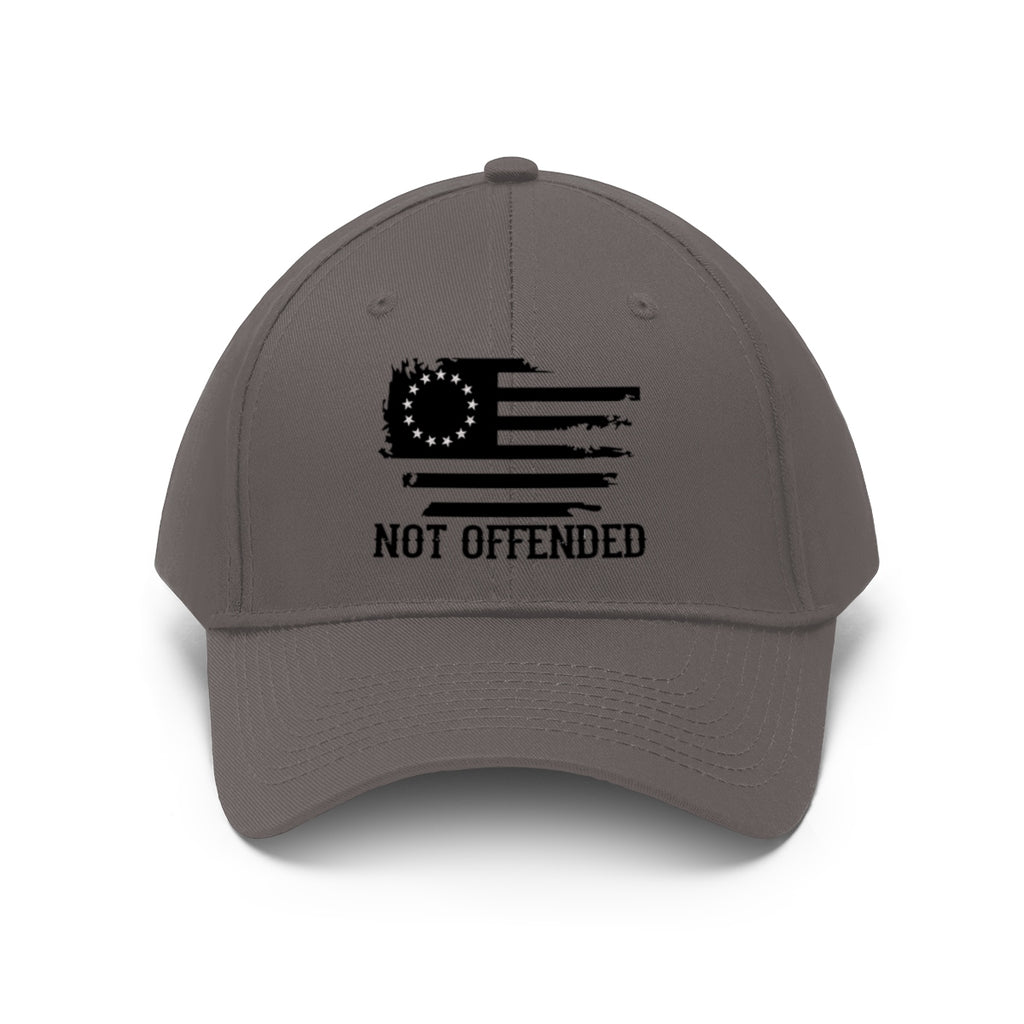 Embroidered Not Offended Casual Twill Hat featuring a flag design and bold text, perfect for showcasing strong beliefs.