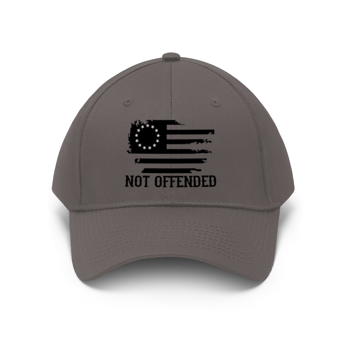 Embroidered Not Offended Casual Twill Hat featuring a flag design and bold text, perfect for showcasing strong beliefs.