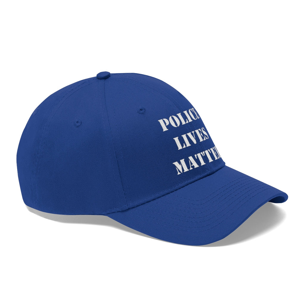 Embroidered Police Lives Matter Twill Cap showcasing bold lettering on a blue cap, symbolizing support for law enforcement.