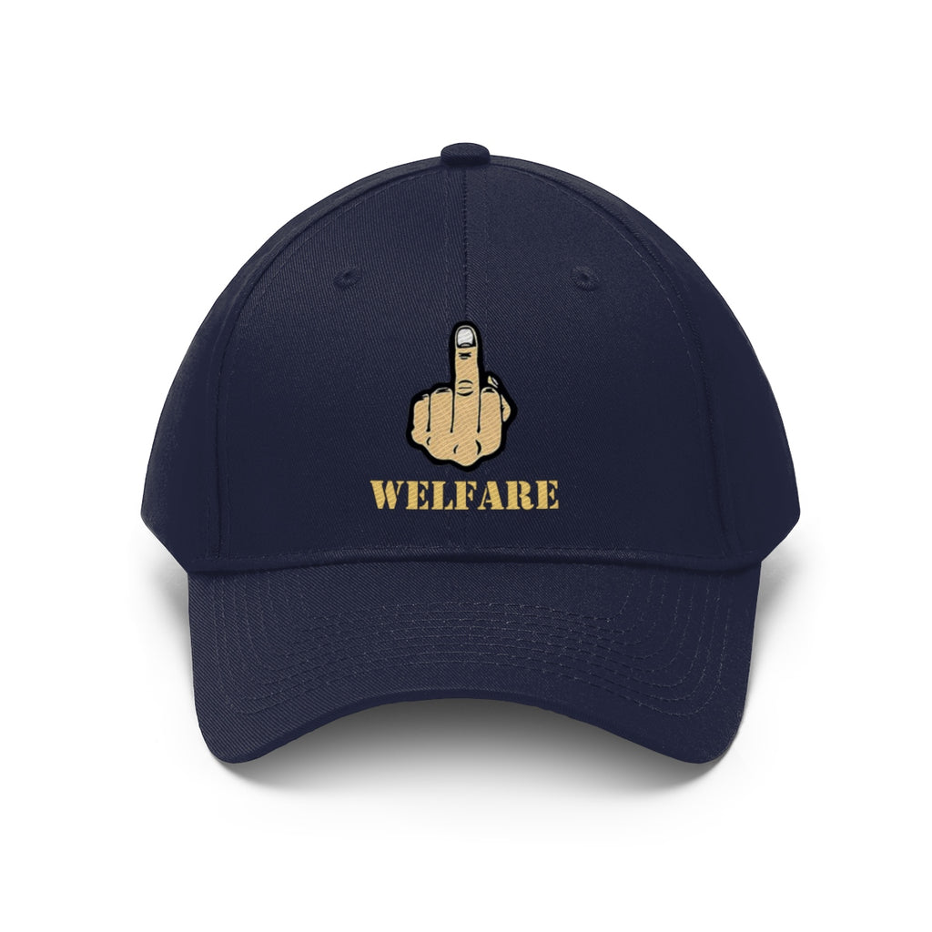 Vintage Fuck Welfare Cotton Twill Cap Design featuring a defiant middle finger graphic.