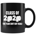 Black mug with 'Class Of 2020 The Year Shit Got Real' design featuring toilet paper graphics.