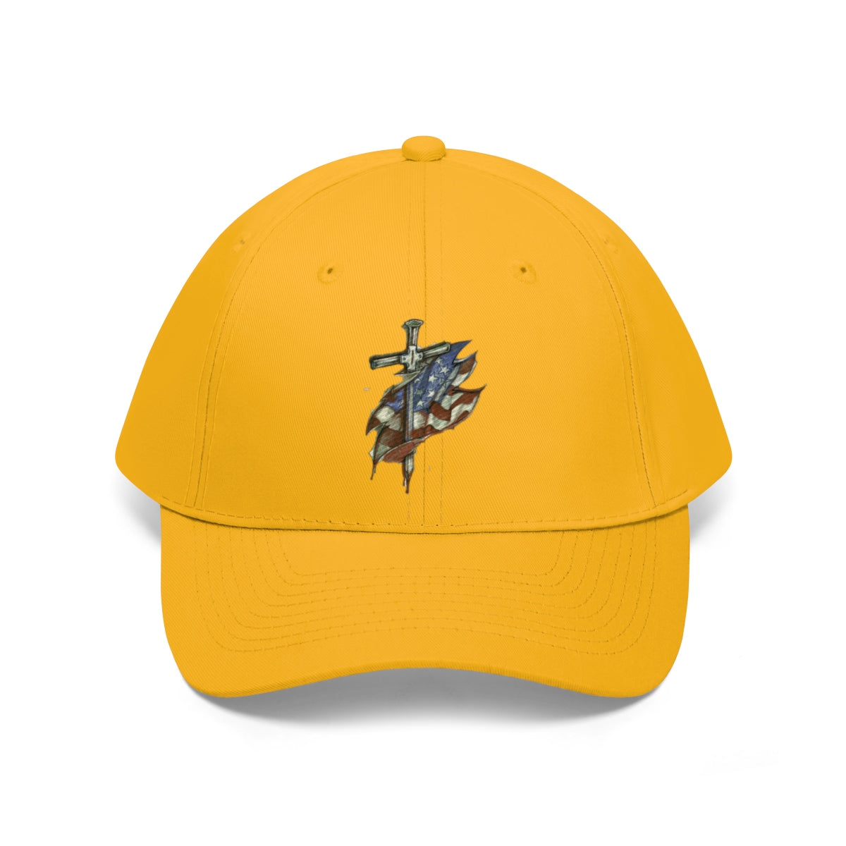 Dagger and Sword Embroidered Twill Cap featuring a sword and dagger design on a yellow cap.