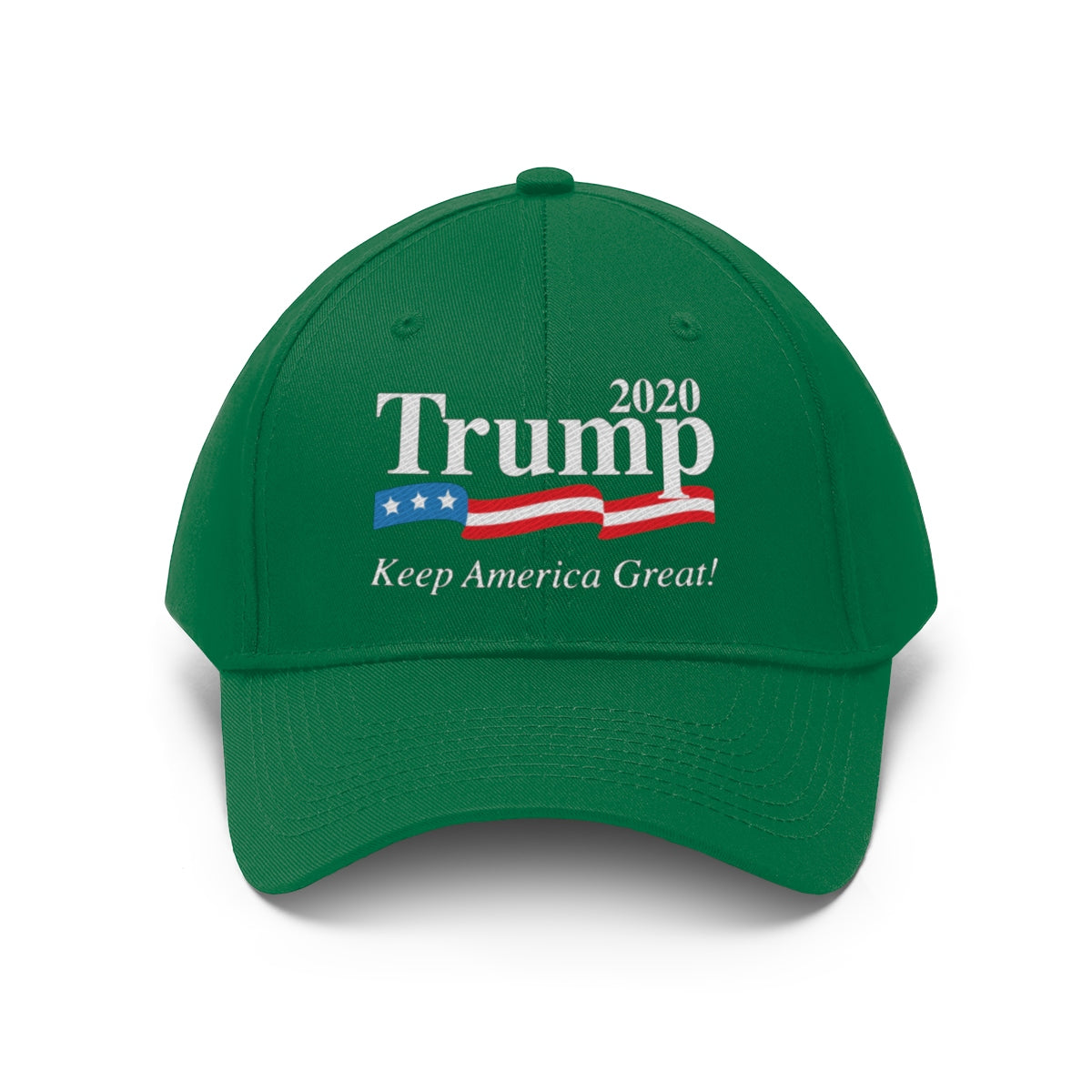 Trump 2020 Keep America Great Twill Cap in green featuring patriotic design and bold lettering.