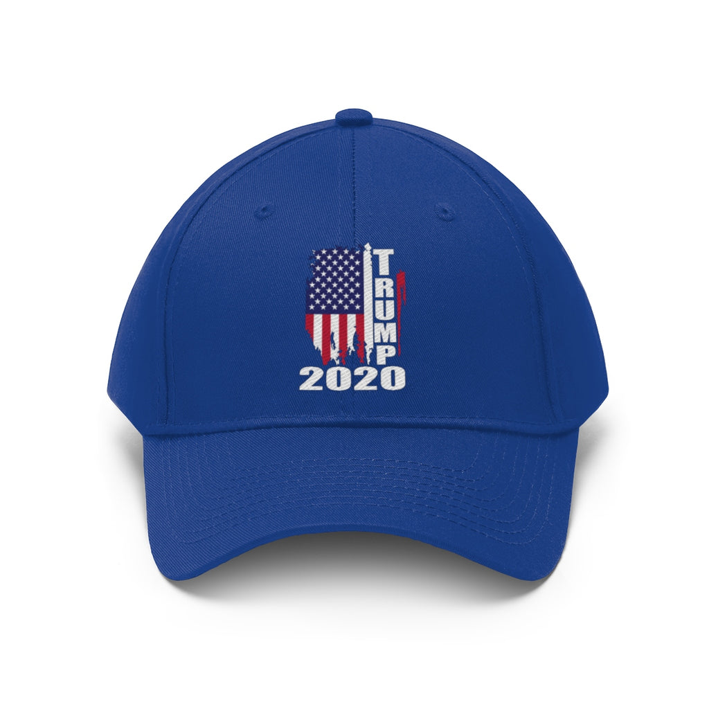 Vertical Distressed American Flag 2020 Trump Twill Cap in blue, featuring American flag design and Trump 2020 text.