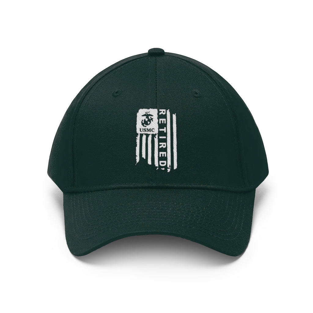 USMC Retired On Distressed American Flag Twill Cap featuring a dark color and USMC logo on front.