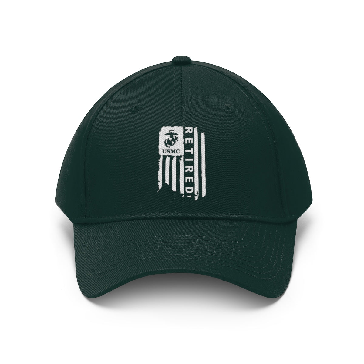 USMC Retired On Distressed American Flag Twill Cap featuring a dark color and USMC logo on front.