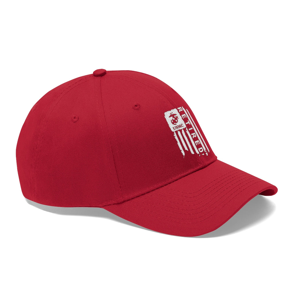 USMC Retired On Distressed American Flag Twill Cap in red with embroidered logo.