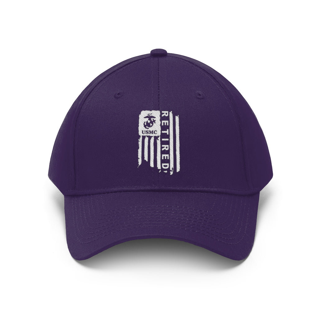 USMC Retired On Distressed American Flag Twill Cap displayed from the front with purple design and emblem.