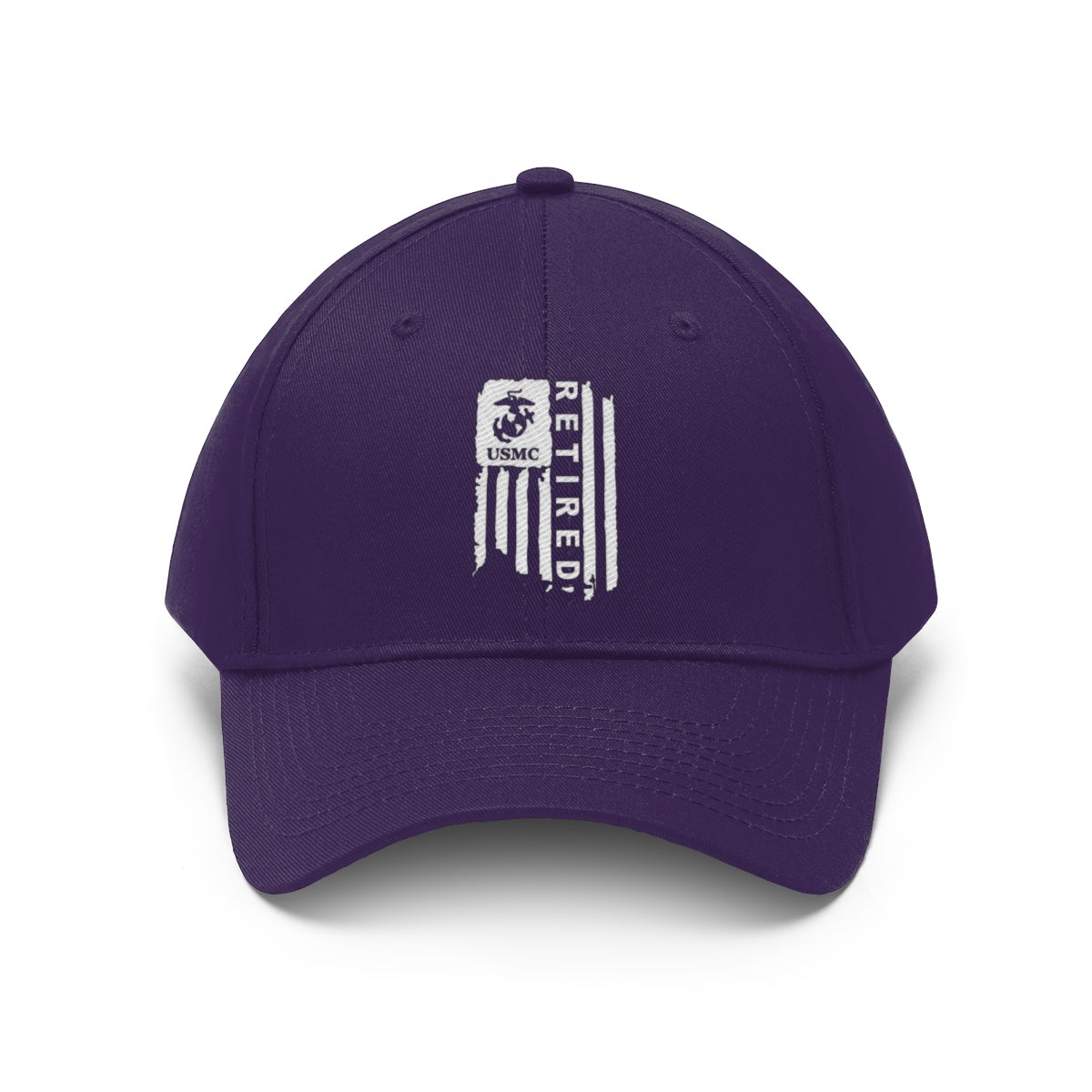 USMC Retired On Distressed American Flag Twill Cap displayed from the front with purple design and emblem.