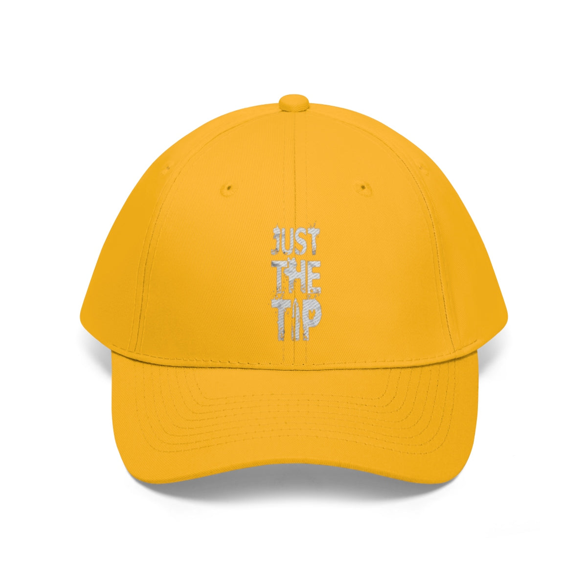 Just The Tip Funny Quote Twill Baseball Cap in vibrant yellow with humorous text design.