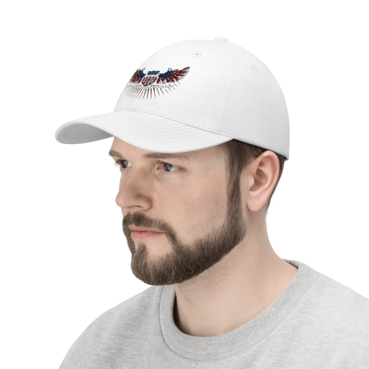 Don't Tread On Me 1776 Eagle American Flag Twill Cap worn by a man, featuring a bold eagle design on a white cap.