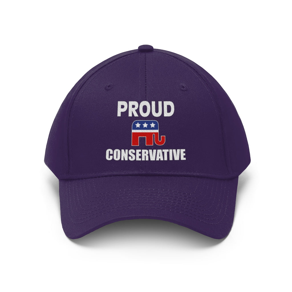 Classic Proud Conservative Twill Baseball Cap featuring 'PROUD CONSERVATIVE' text and elephant logo in red and blue.