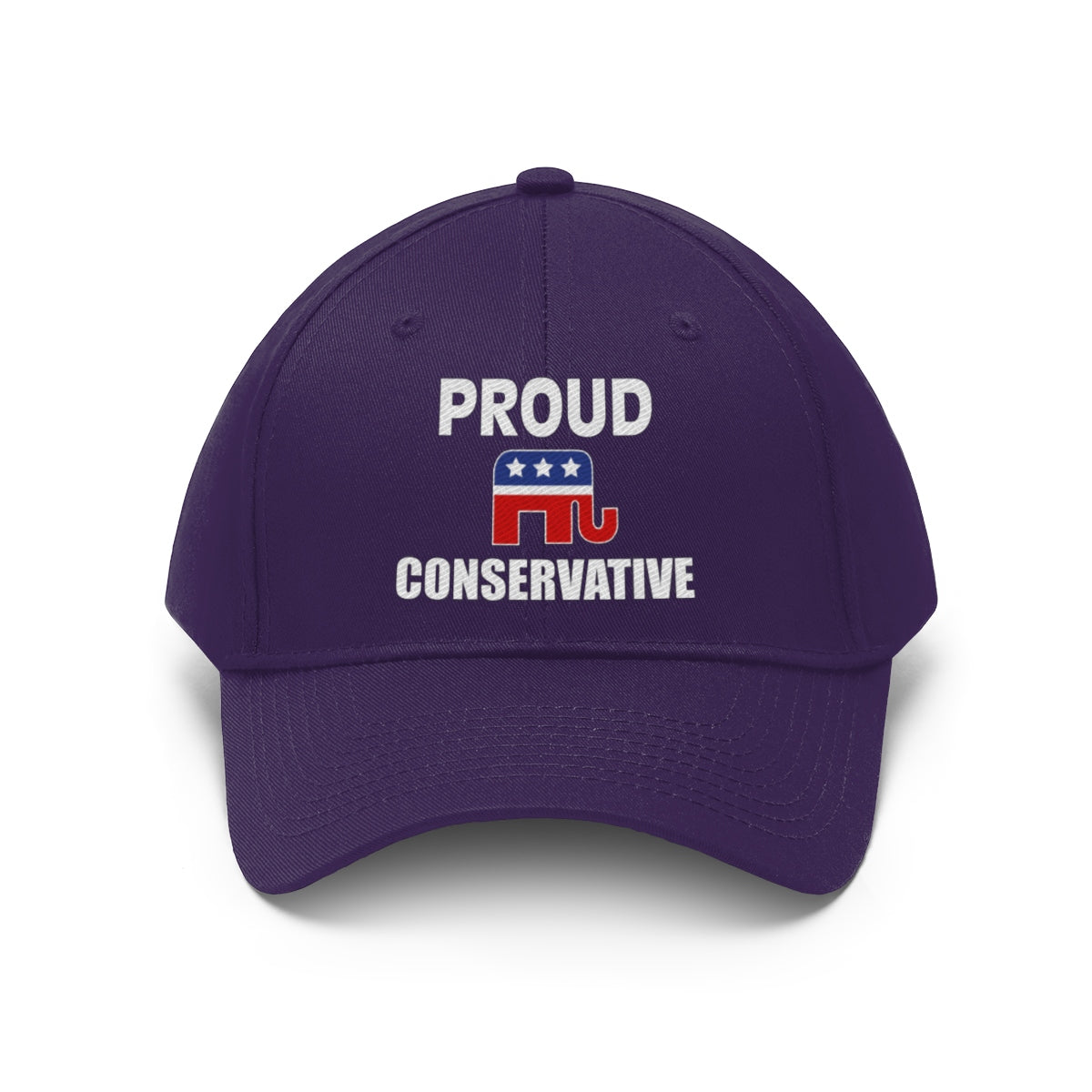 Classic Proud Conservative Twill Baseball Cap featuring 'PROUD CONSERVATIVE' text and elephant logo in red and blue.