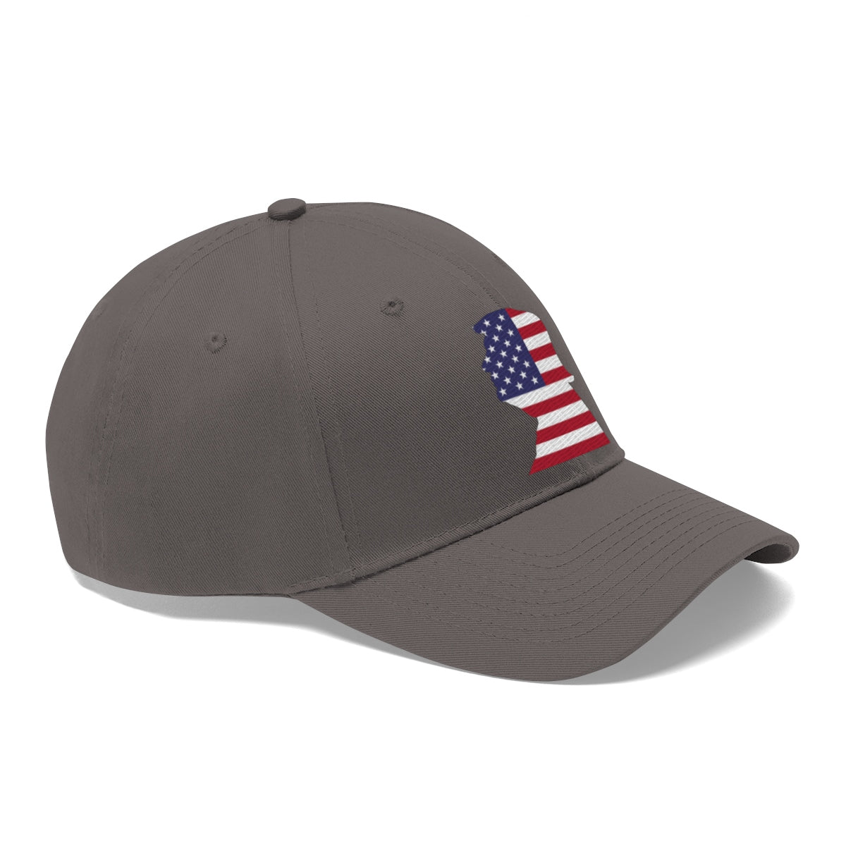 Trump American Flag SilhouetteTwill Cap featuring an American flag silhouette on a stylish gray cap.