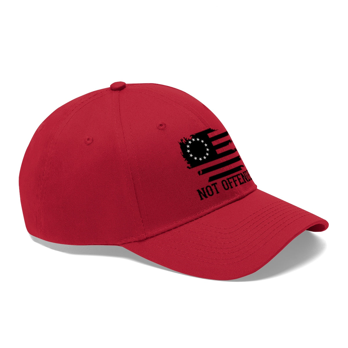 Embroidered Not Offended Casual Twill Hat in red with flag and text design.