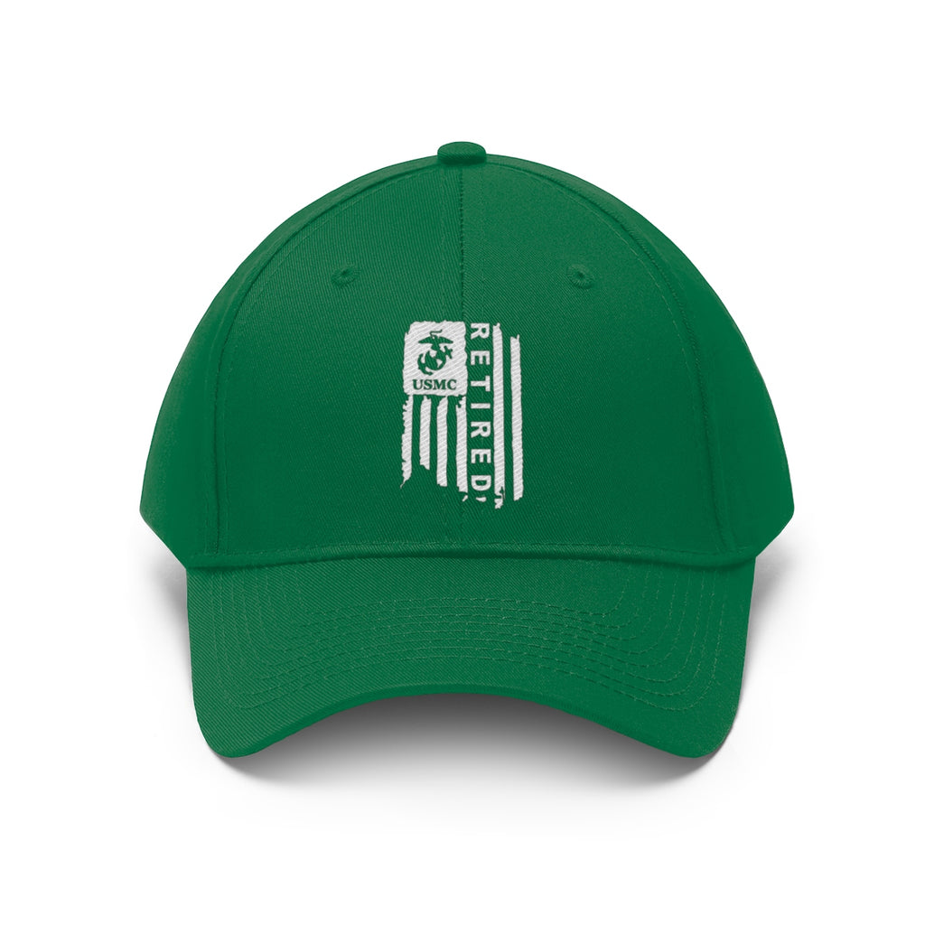 USMC Retired On Distressed American Flag Twill Cap featuring a green design with a military logo.