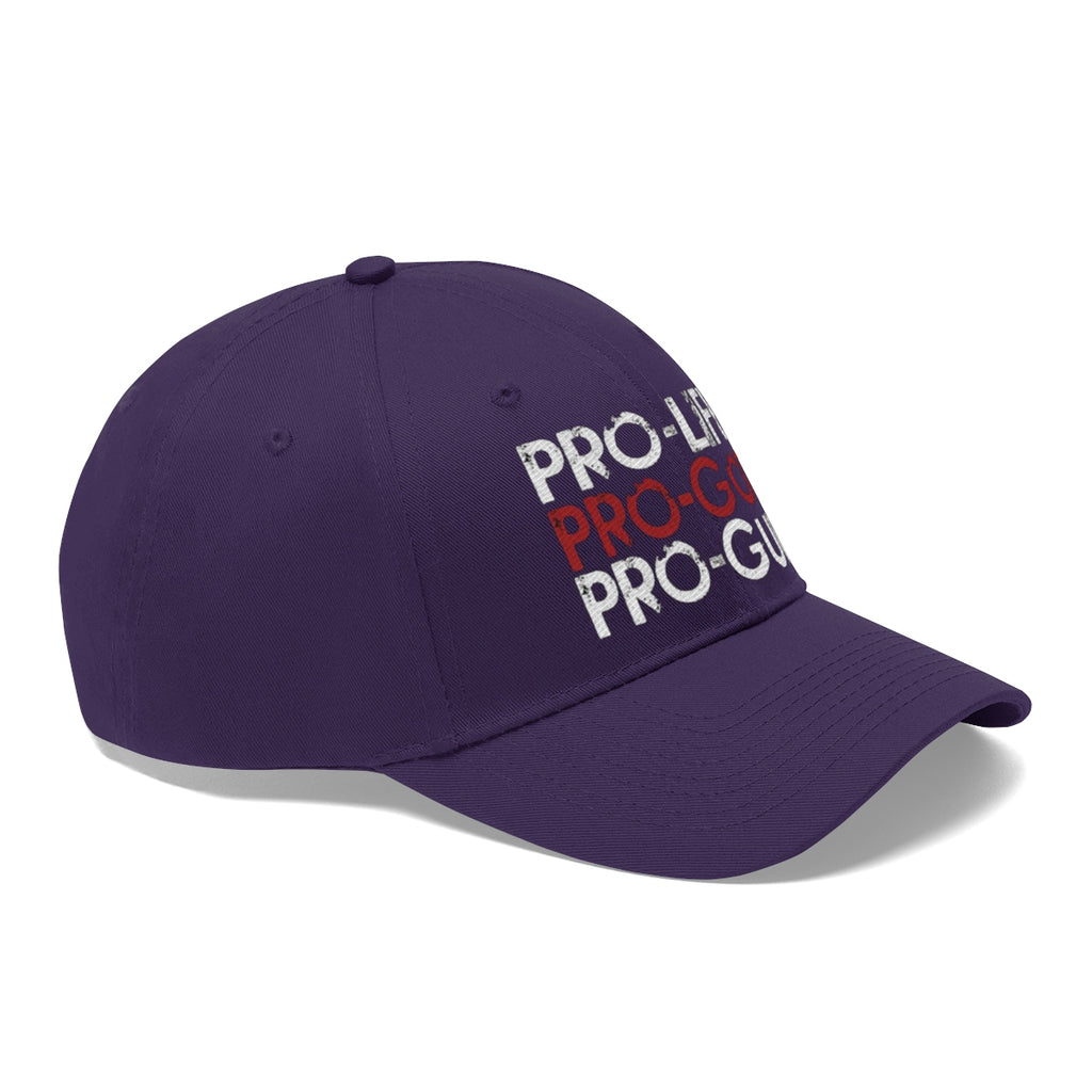 Pro-Life Pro-God Pro-Gun Cotton Twill Cap in purple with bold embroidered text.