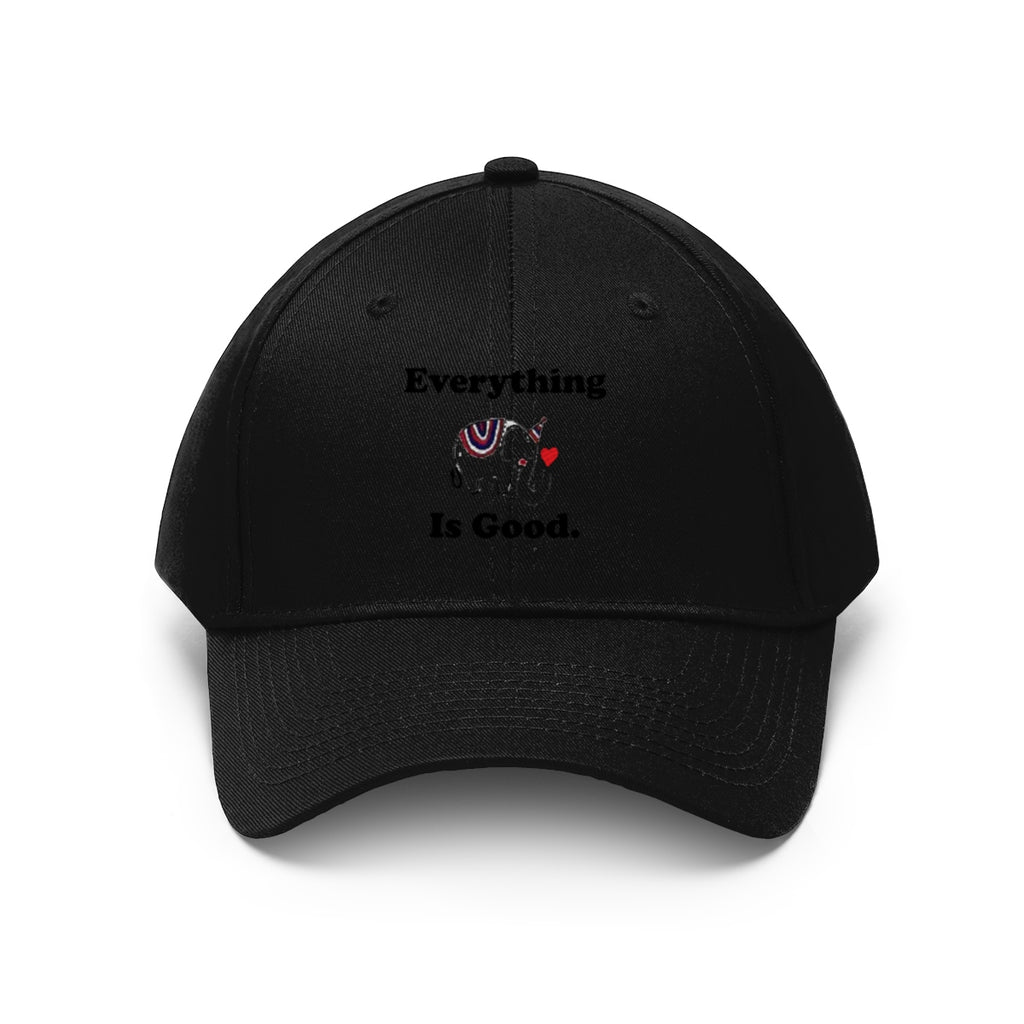 Everything Is Good With GOP Elephant Symbol Twill Cap black cap featuring a Republican elephant design and statement text.