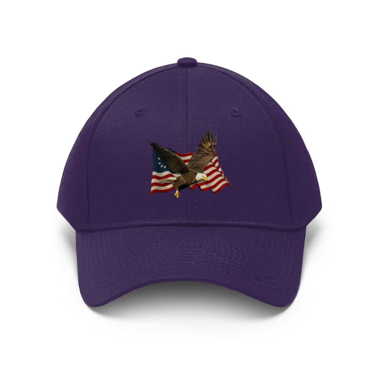Eagle On American Flag Twill Cap featuring an embroidered eagle soaring over the American flag.