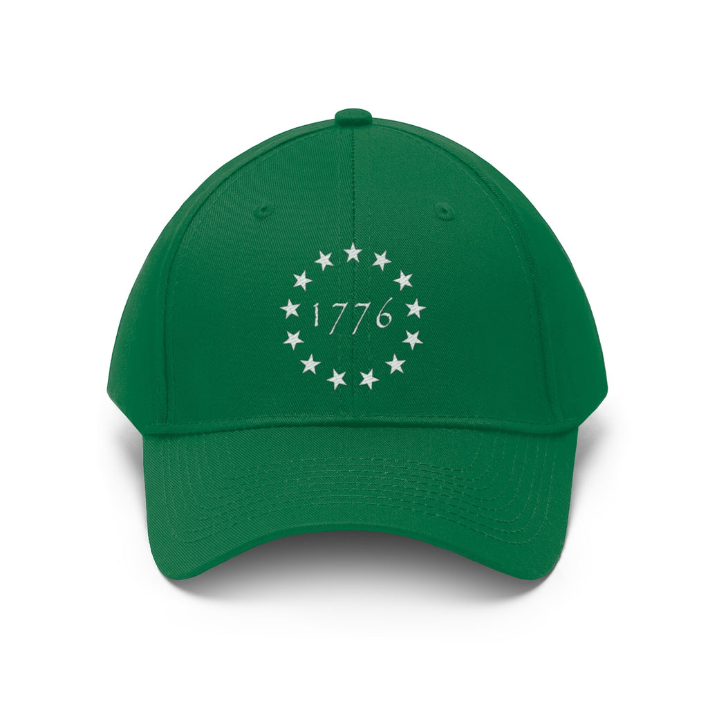 Vintage Betsy Ross Stars Cotton Twill Cap in green with white 1776 stars design.
