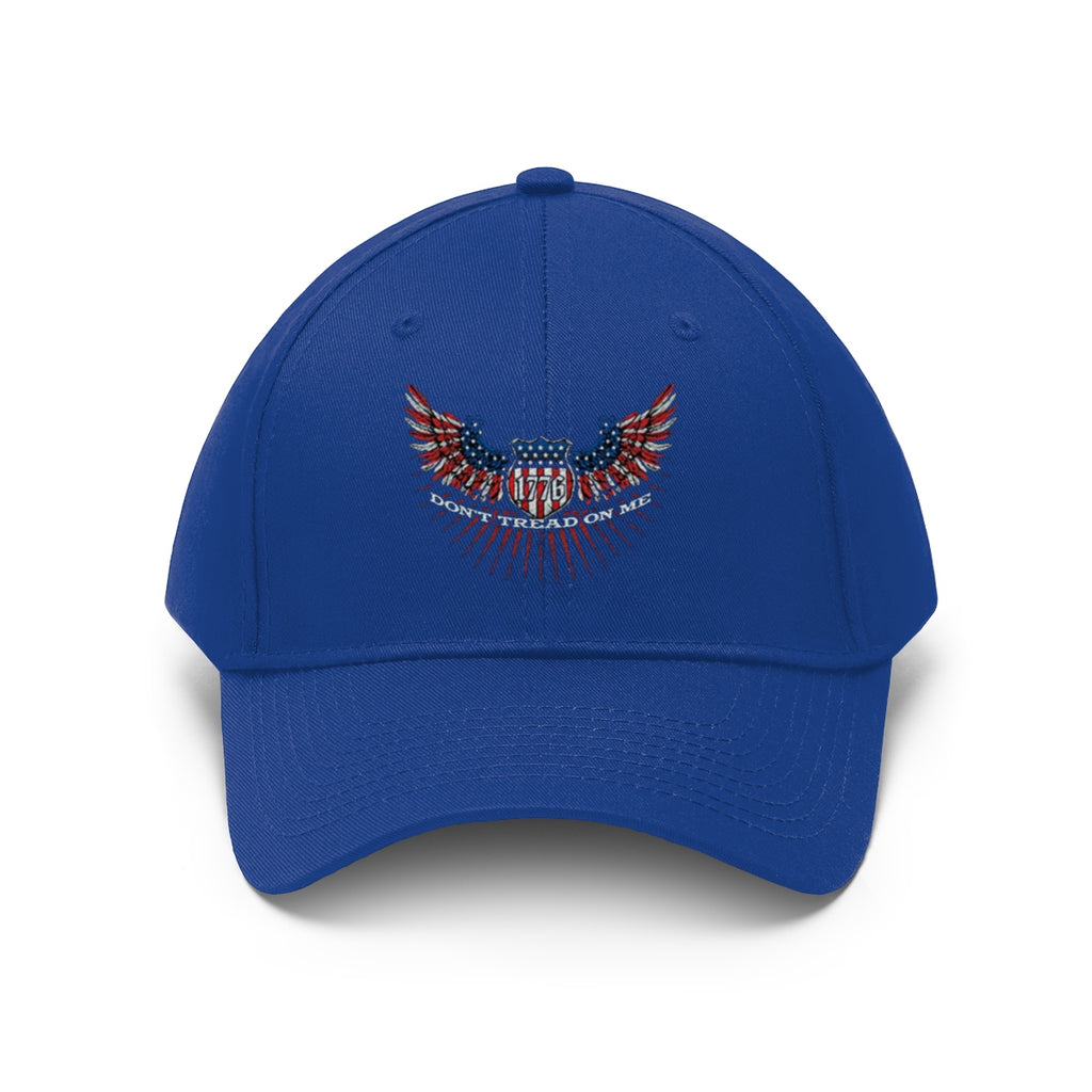Don't Tread On Me 1776 Eagle American Flag Twill Cap in blue, featuring an eagle and flag design.