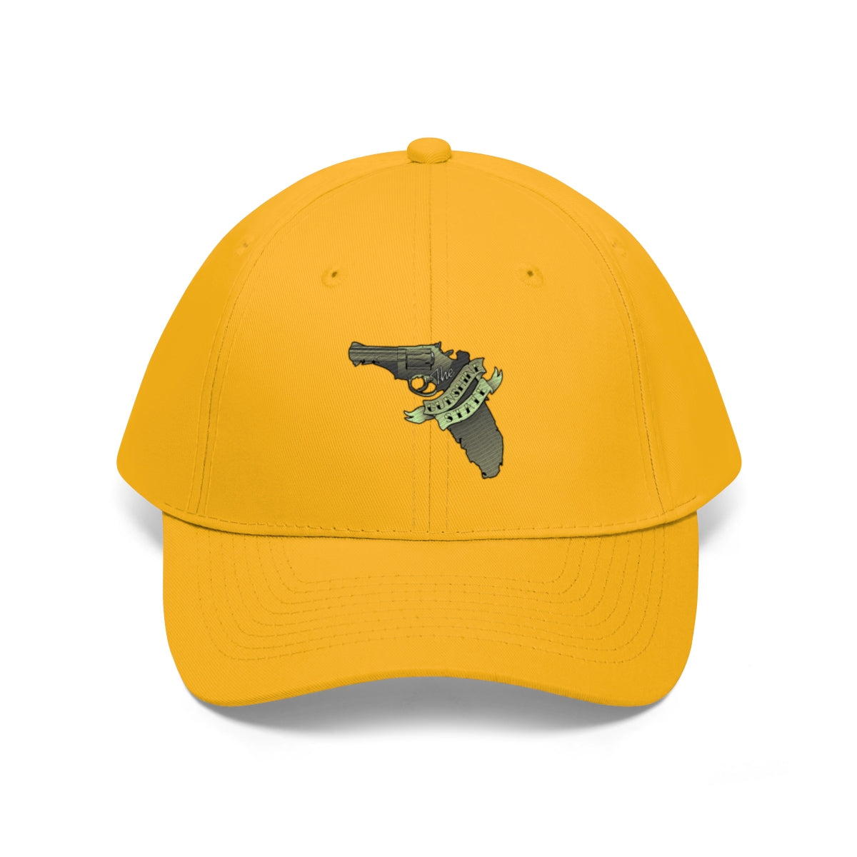 Florida The Gunshine State Twill Cap featuring a gun graphic on a yellow baseball cap.
