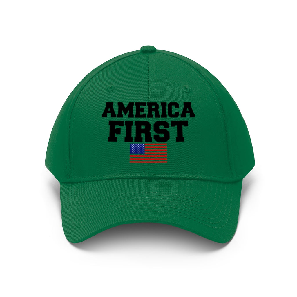 America First Patriotic Twill Cap in green featuring bold text and American flag design.